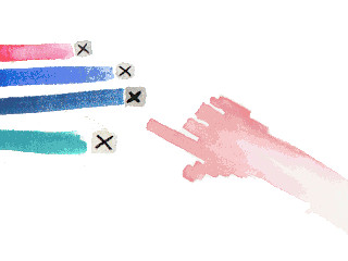 Acuarela. En la parte derecha sale una mano con el dedo para pulsar. En la izquierda hay tres líneas de color con una x de checkbox. Da sensación de actividad y elegir con decisión.